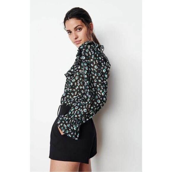 BA&SH Blake Black Leopard Printed Blouse Long Sleeve Cotton Button Front Top S - Picture 3 of 10